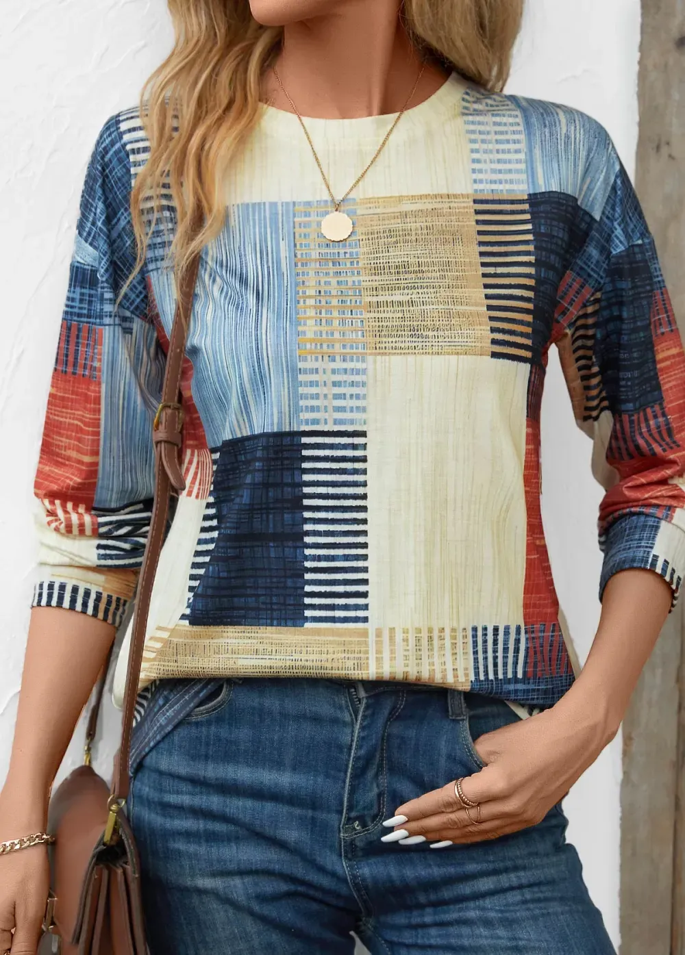 Multi Color Patchwork Geometric Print Long Sleeve T Shirt