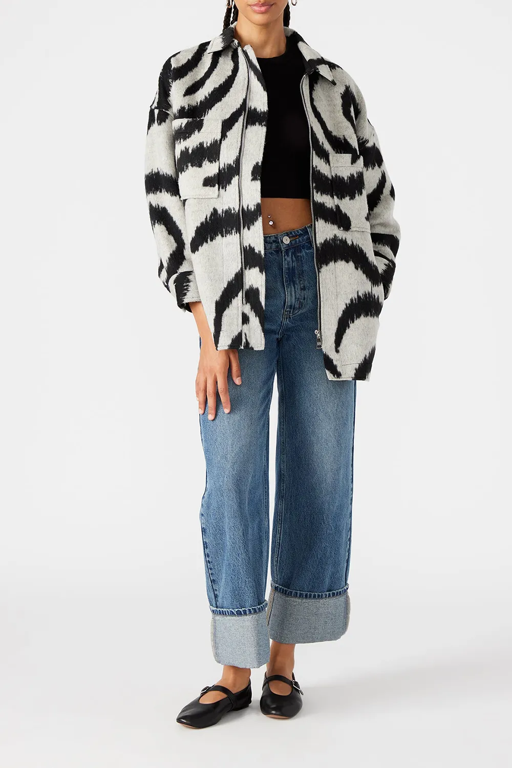 Swirl Print Felt Shacket Jacket White Multi