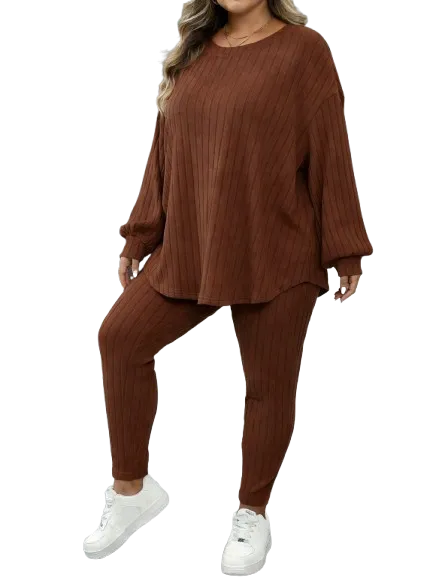 Plus Size Women's Autumn-Winter Ribbed 2pc Drop Shoulder Set