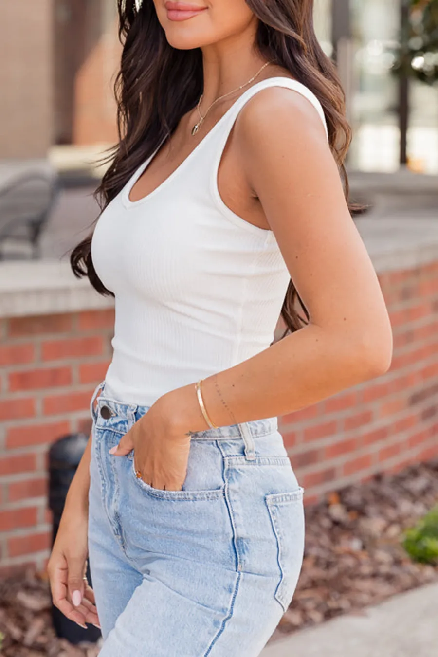 Ivory Brushed Rib V-Neck Tank Bodysuit