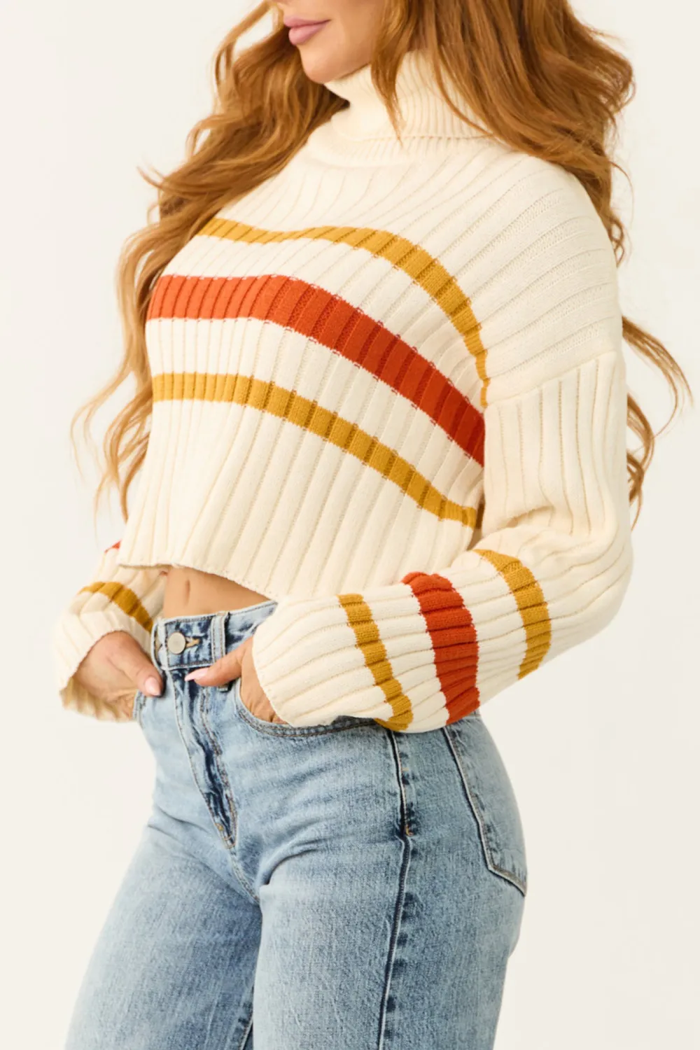 Cream Striped Turtleneck Cropped Sweater
