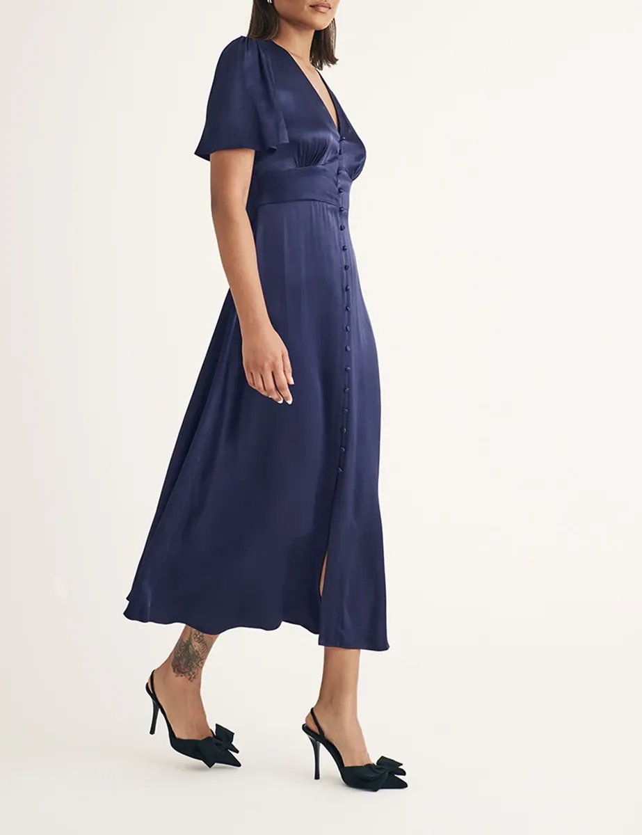 Purple Satin Button Front Midi Dress