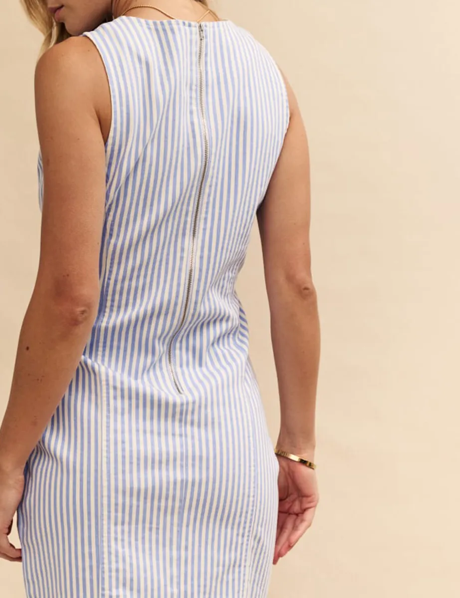Blue White Striped Denim Shift Mini Dress