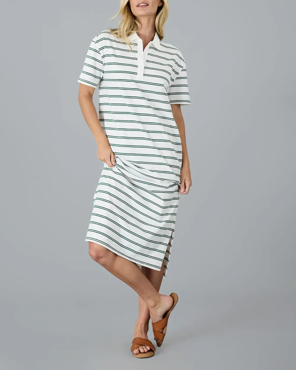 Green Polo Stripe Puff Sleeves Dress