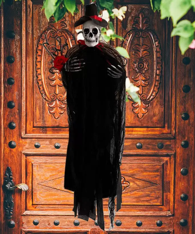 90cm Halloween Hanging Skull Black White Rattan Wreath Haunted House Props Horror Party Halloween Decoration Home Outdoor 2022