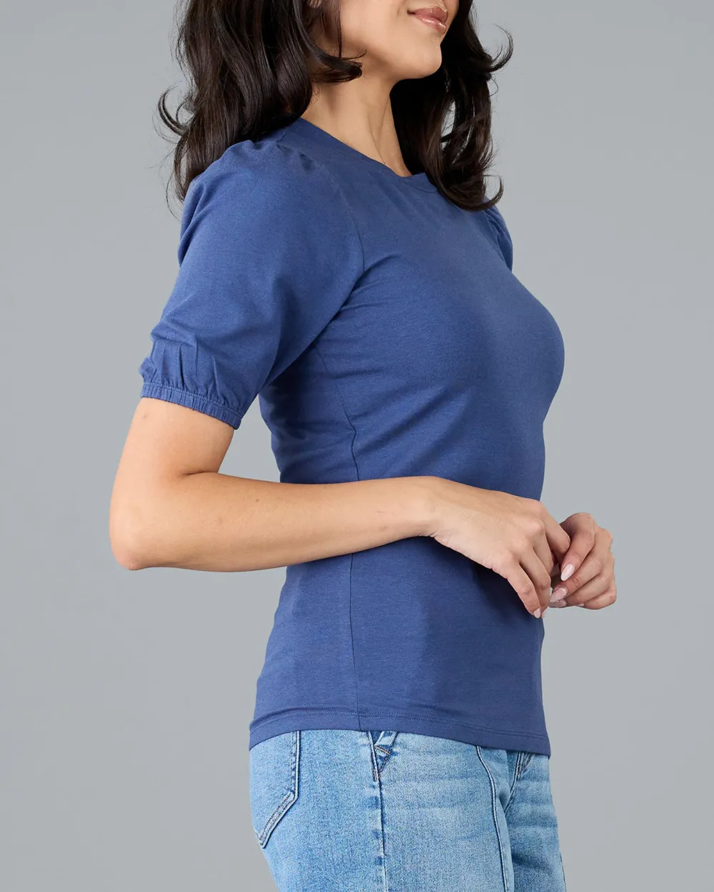 Fashionable Indigo Puff Sleeve Casual Blouse