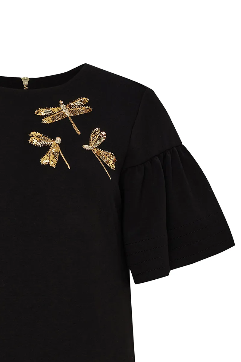 Dragonfly Embellished Ruffle Hem Dresses