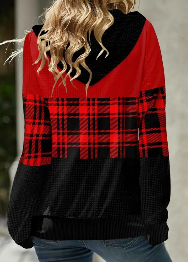 Red Patchwork Plaid Long Sleeve Hoodie
