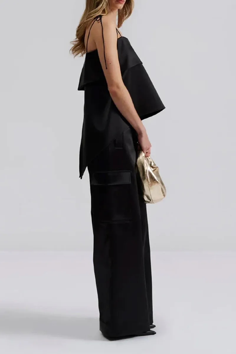 Black Strappy Backless Satin Tops