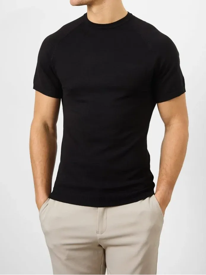 Black Fine Gauge Knitted Soft Simple Stone Polo Shirt