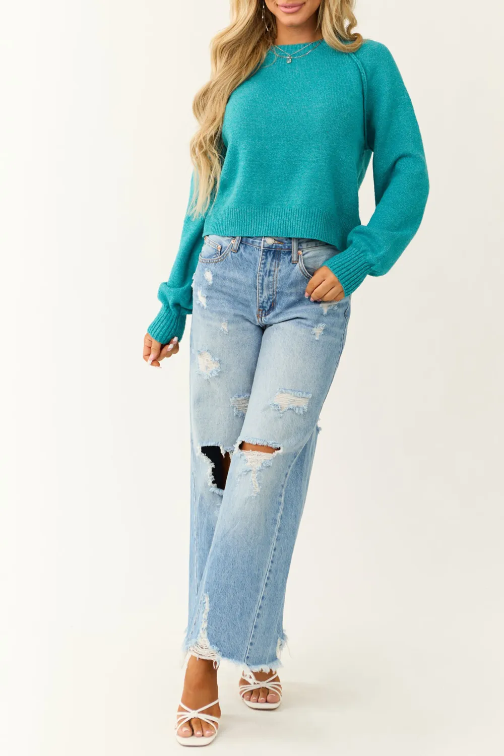 Bright Sea Blue Cropped Knit Sweater