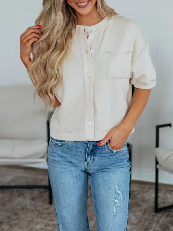 Pocketed Short Puff Sleeve Cardigan