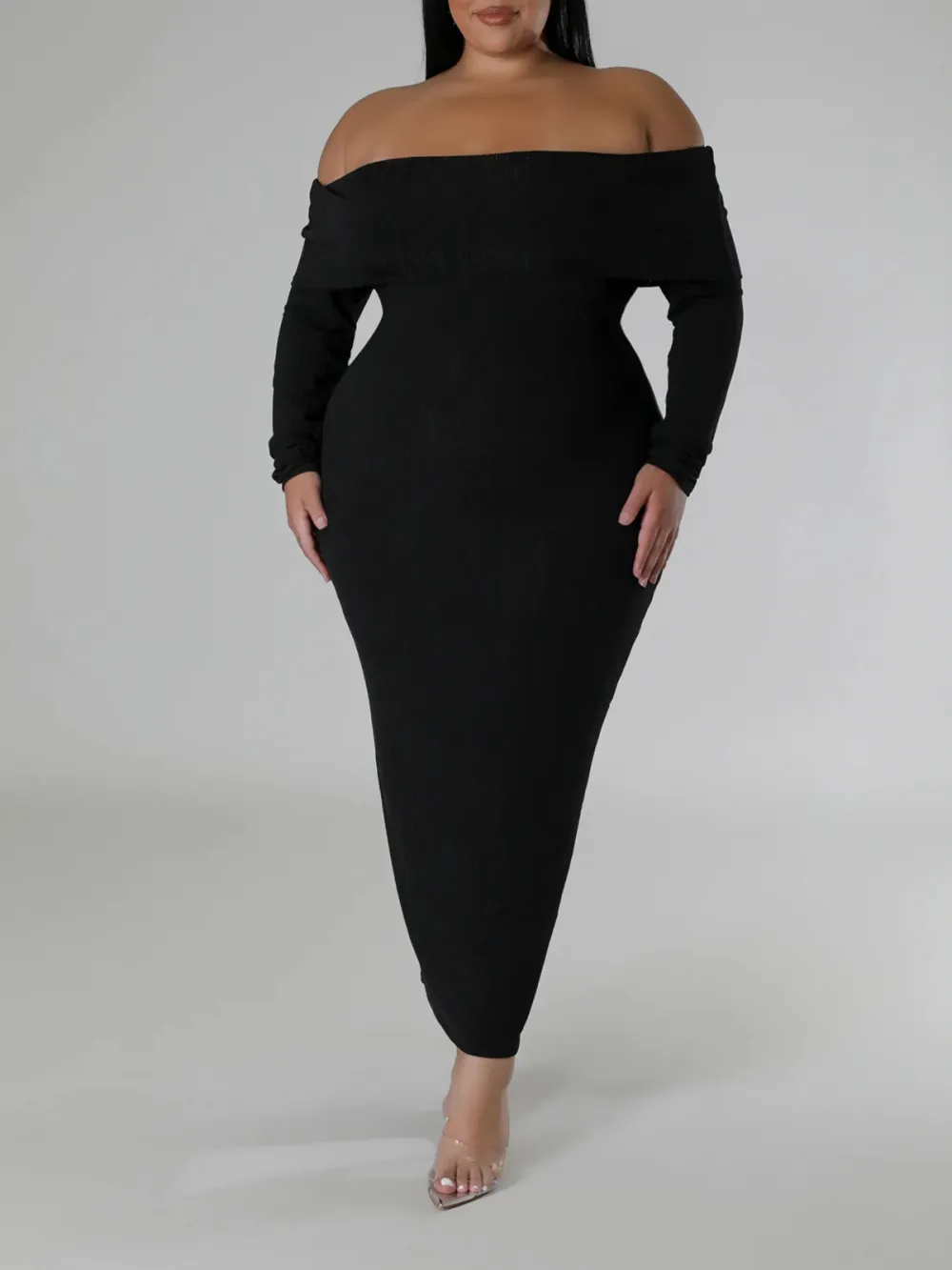 Long Sleeve Straight Neck Maxi Dress