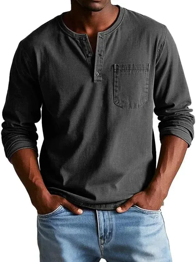 💫Clearance Sale🔥 - Men's Fashion Vintage Distressed Pocket Long Sleeve Henley Shirt