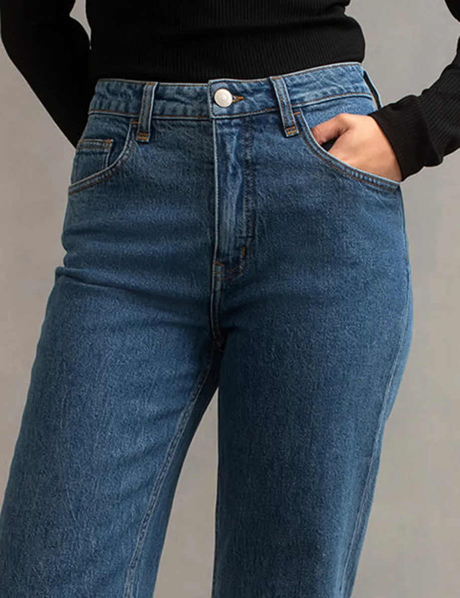 Mid Wash Blue High Rise Straight Leg Denim Jeans