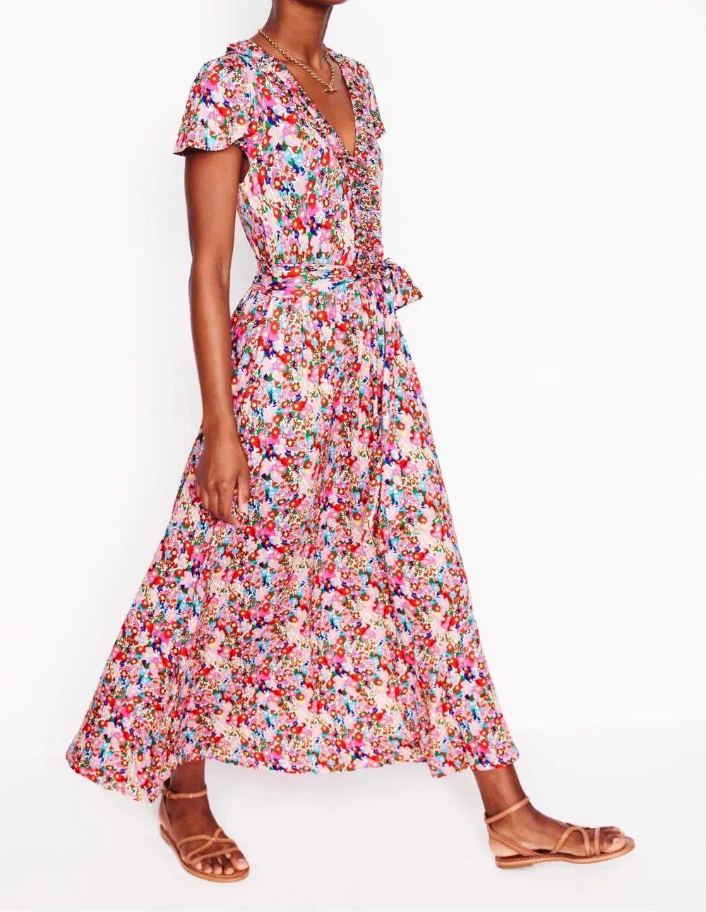 Light Pink Floral Short - Sleeve Maxi Dress
