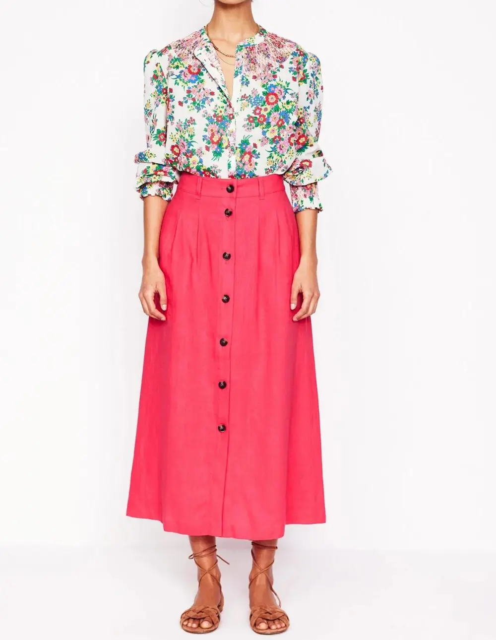 Hot Pink Button - Front Linen Midi Skirt