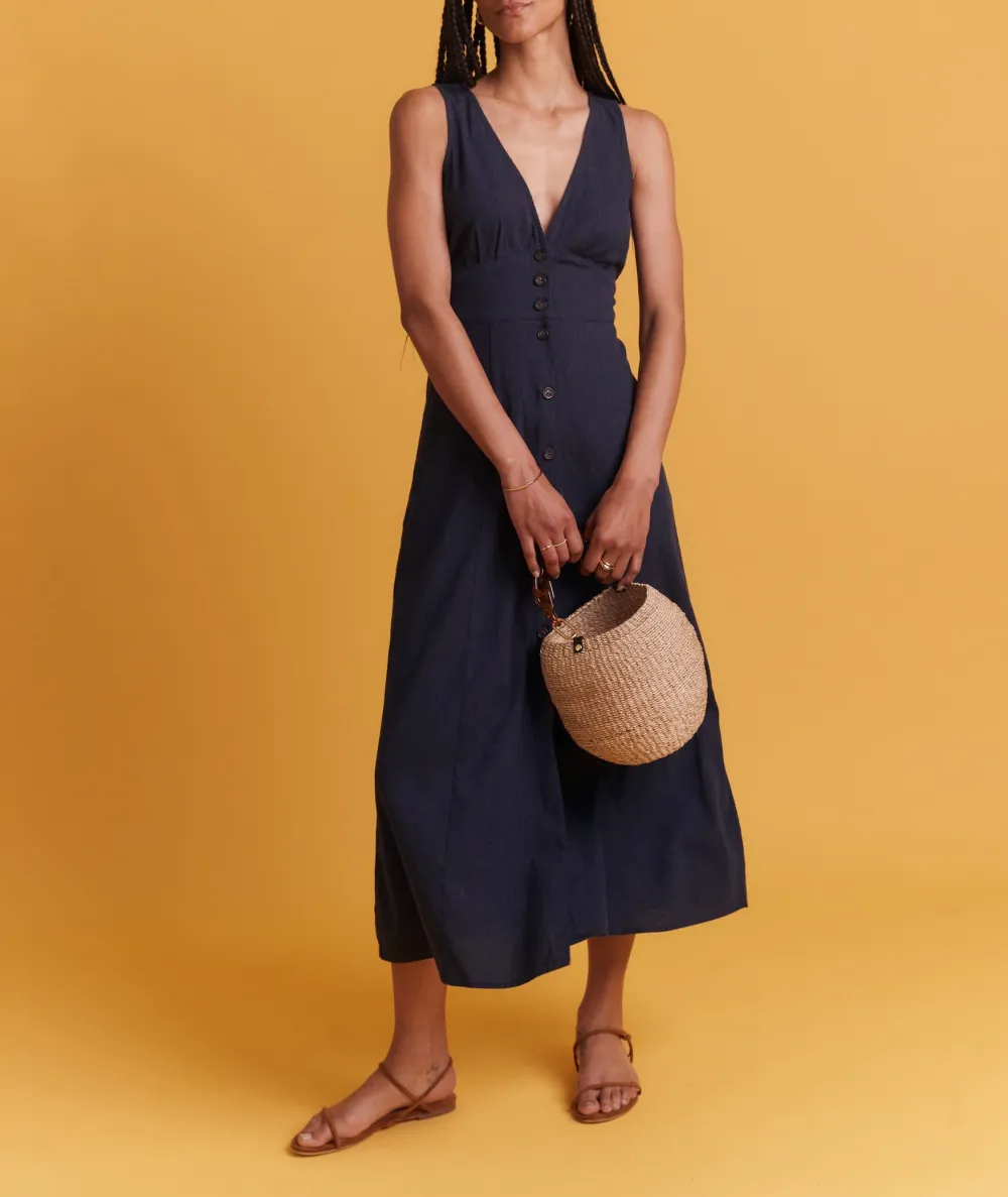 Navy Button-Down Sleeveless Midi Dress