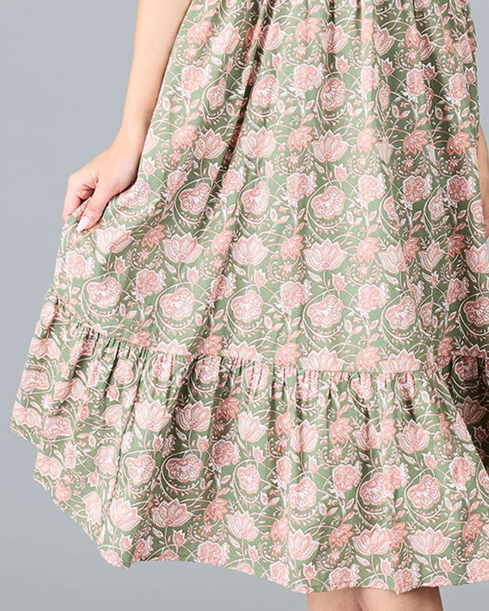 Green Pink Floral Print Midi Dress