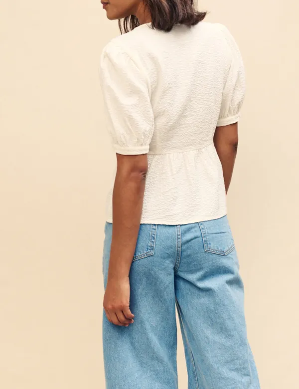 White V-Neck Button Blouse