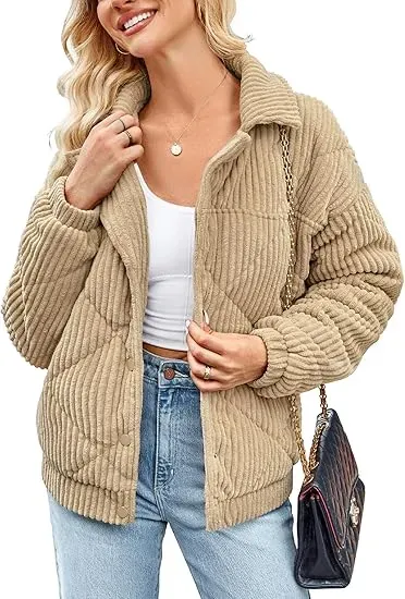 Women's Bomber Jacket Corduroy Ribbed Quilted Zip Up Long Sleeve Winter Coat