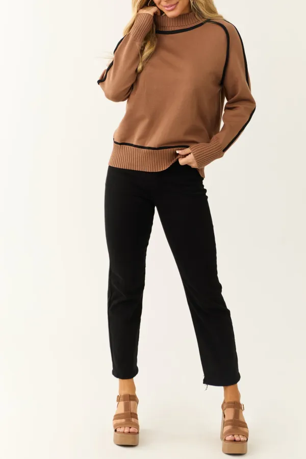 Cognac Contrast Trim Turtleneck Sweater