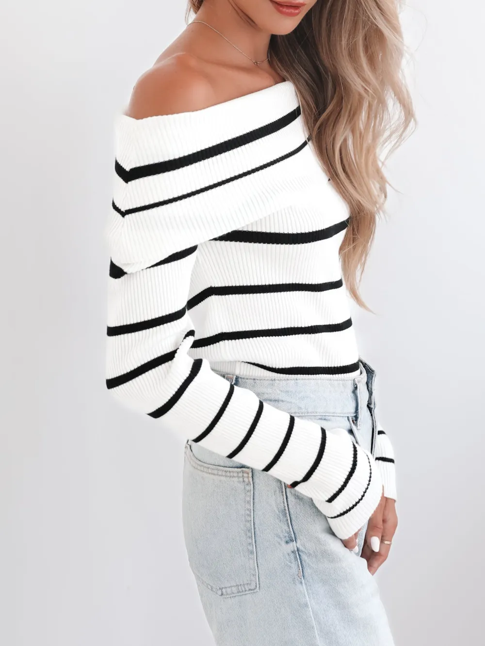 Off the Shoulder White Stripe Knit Top