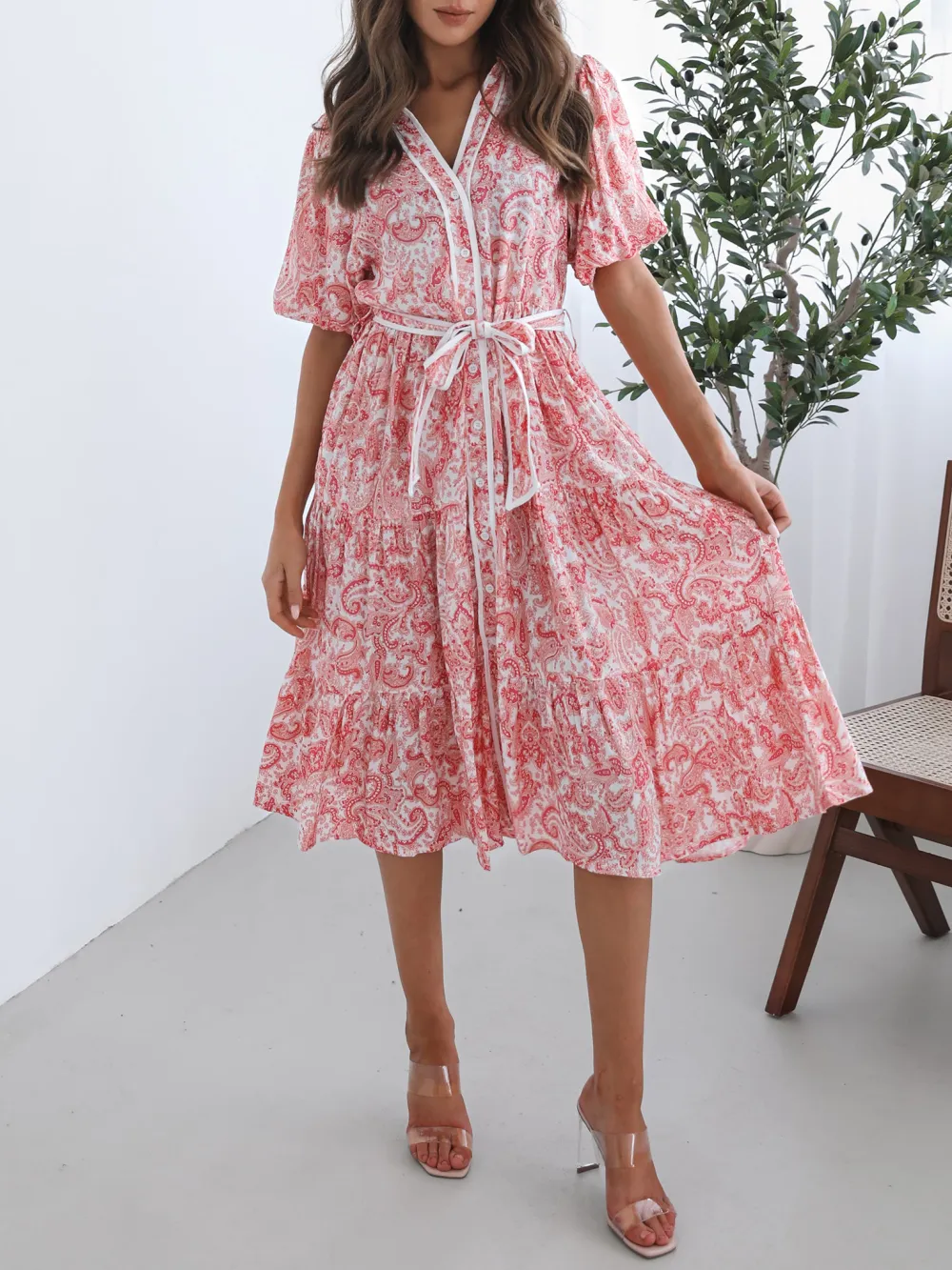 V Neckline Pink Print Reign Dress