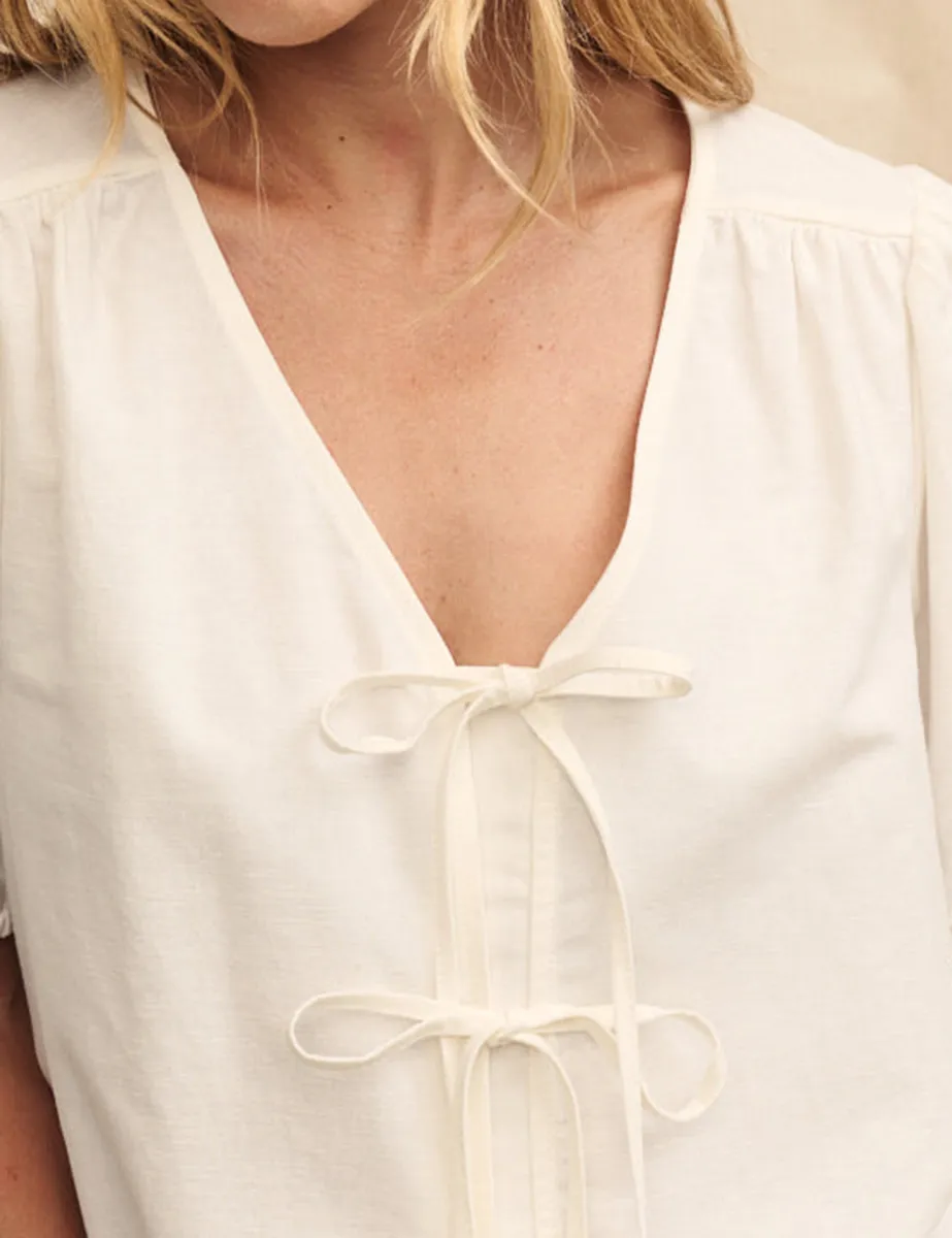 White Linen-blend Tie Front Blouse