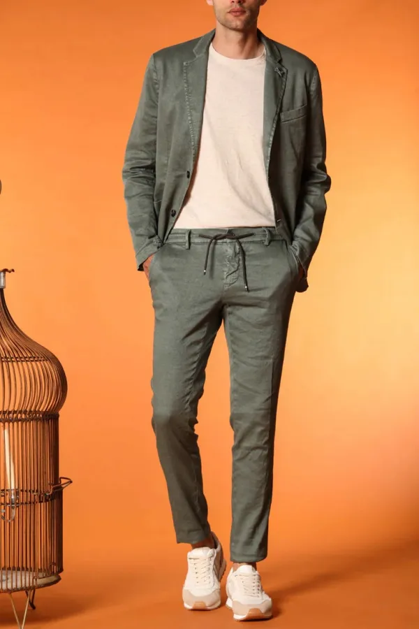Men's Green Cotton and Linen Twill Elastic Waist Slim Fit Trousers