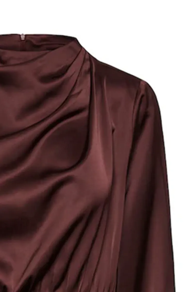 Draped Cowl Neck Long Sleeve Mini Dresses