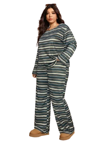 Plus Size Women's Winter Off-Shoulder Striped 2pc Set