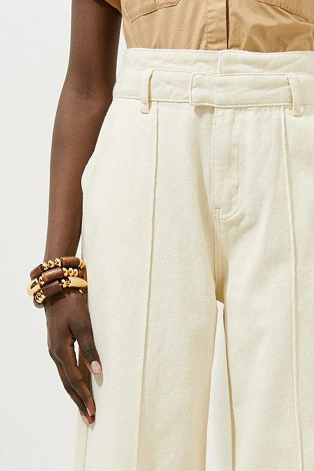 Non-Stretch Denim Waistband Detail Wide Leg Trousers