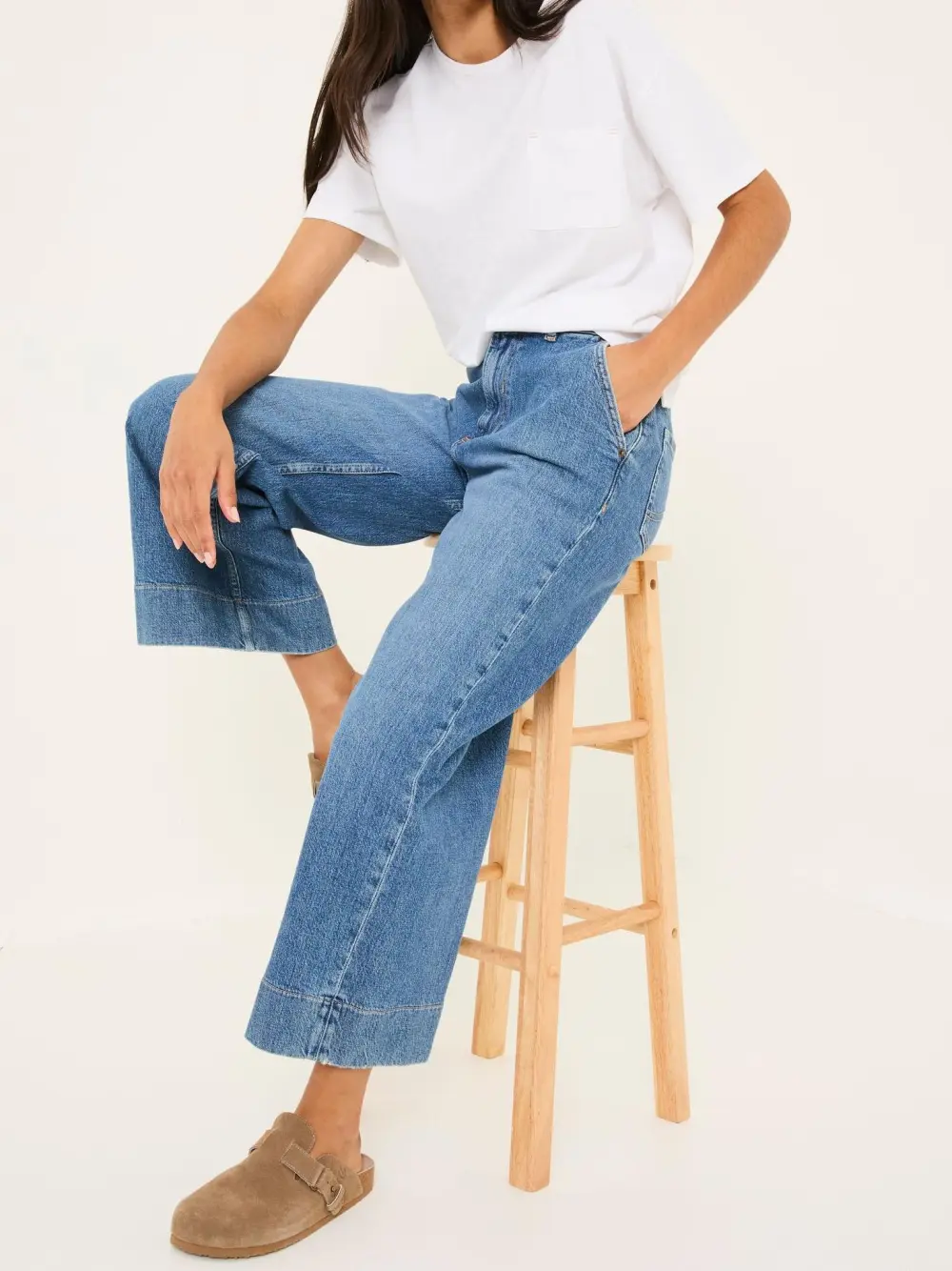 Casual Blue Denim Wide Leg Crop Jeans