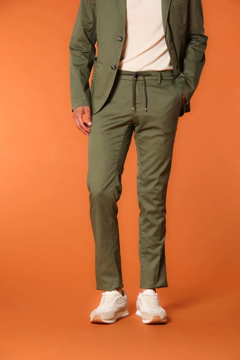 Men'S Green Cotton Twill Elastic Waist Slim Fit Trousers