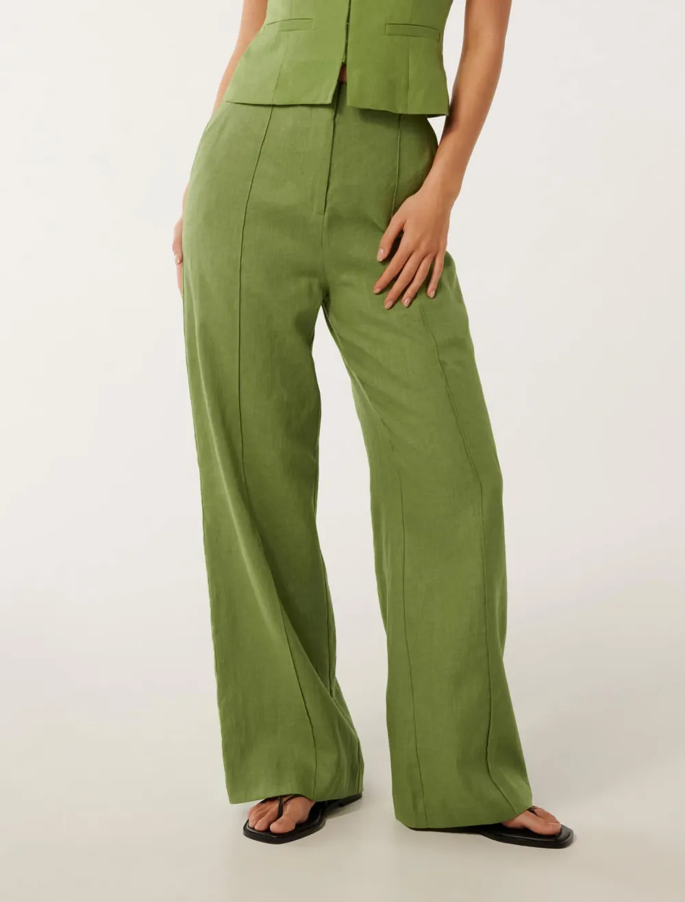 Green Linen Wide-Leg Pants