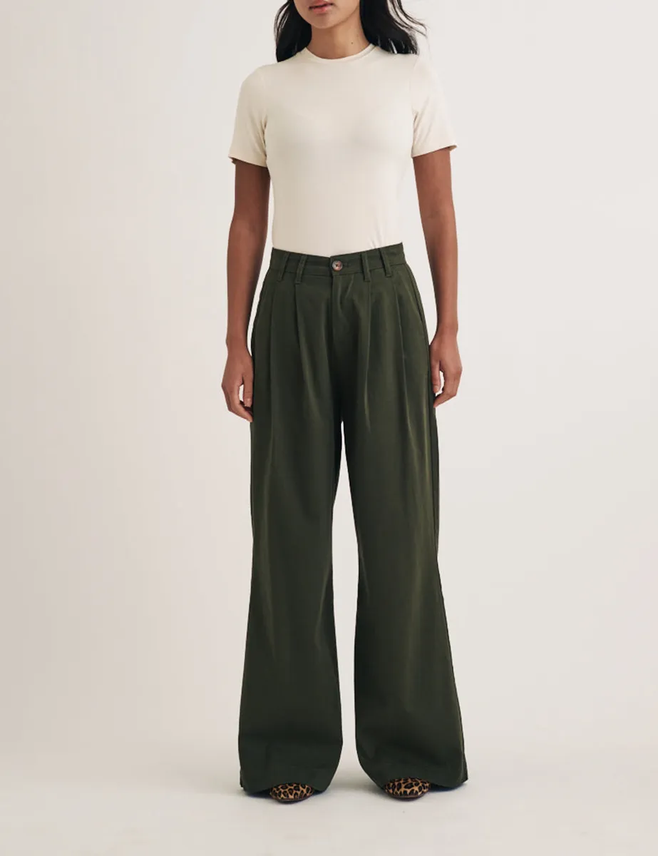 Deep Green Twill Pleated Wide Leg Trousers