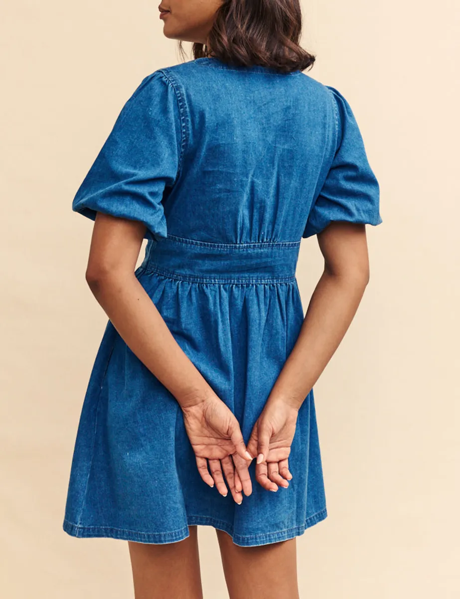 Denim Button Front Puff Sleeve Mini Dress