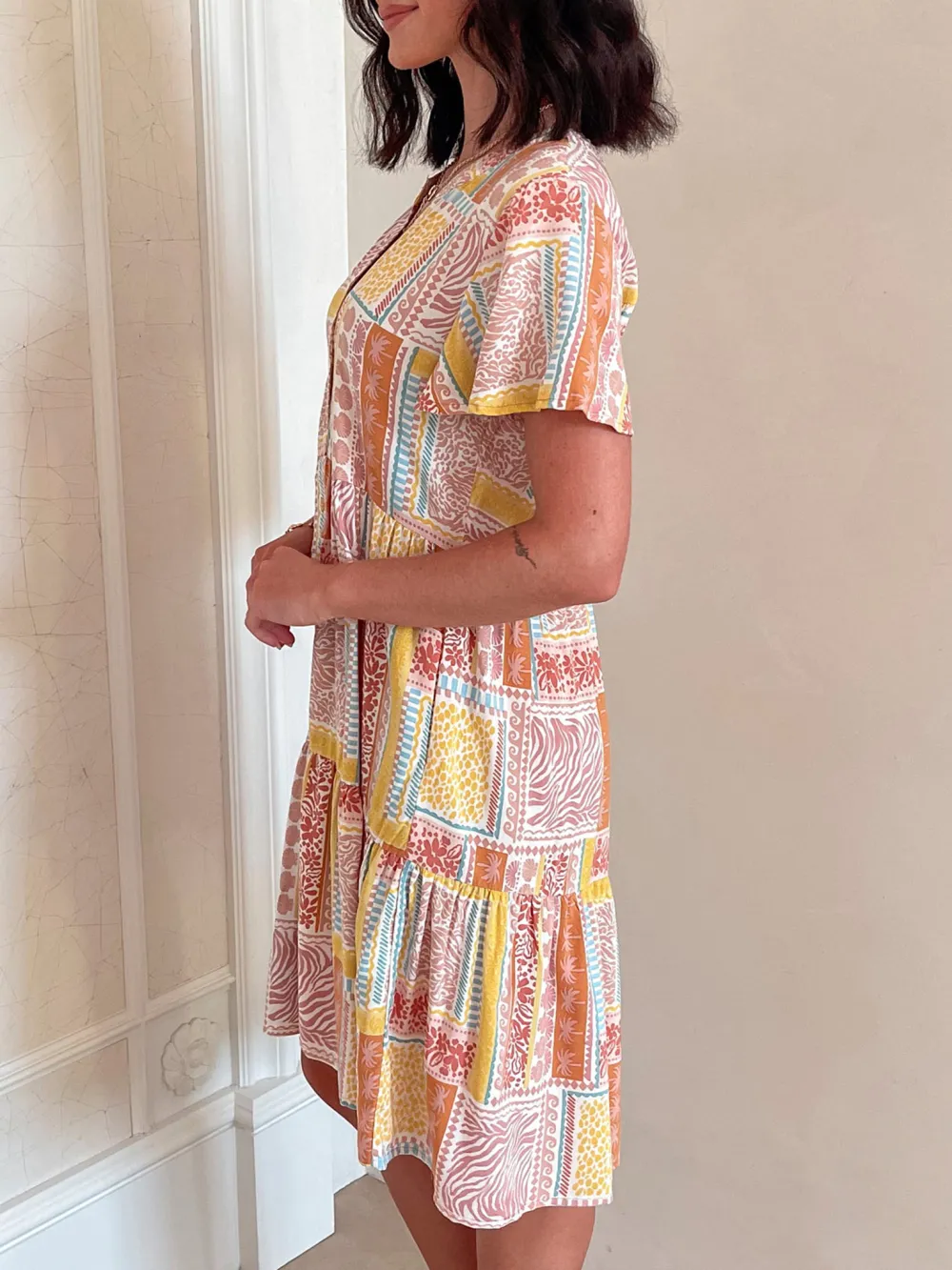 V Neckline Multi Print Dress