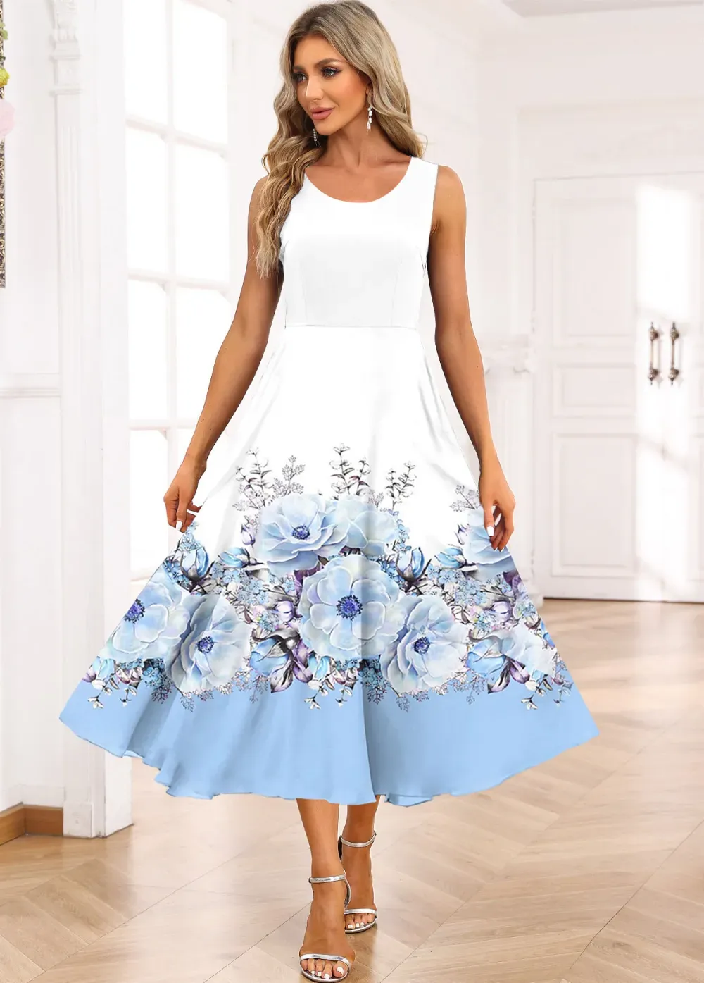 Light Blue Two Piece Floral Print Dress and Cardigan