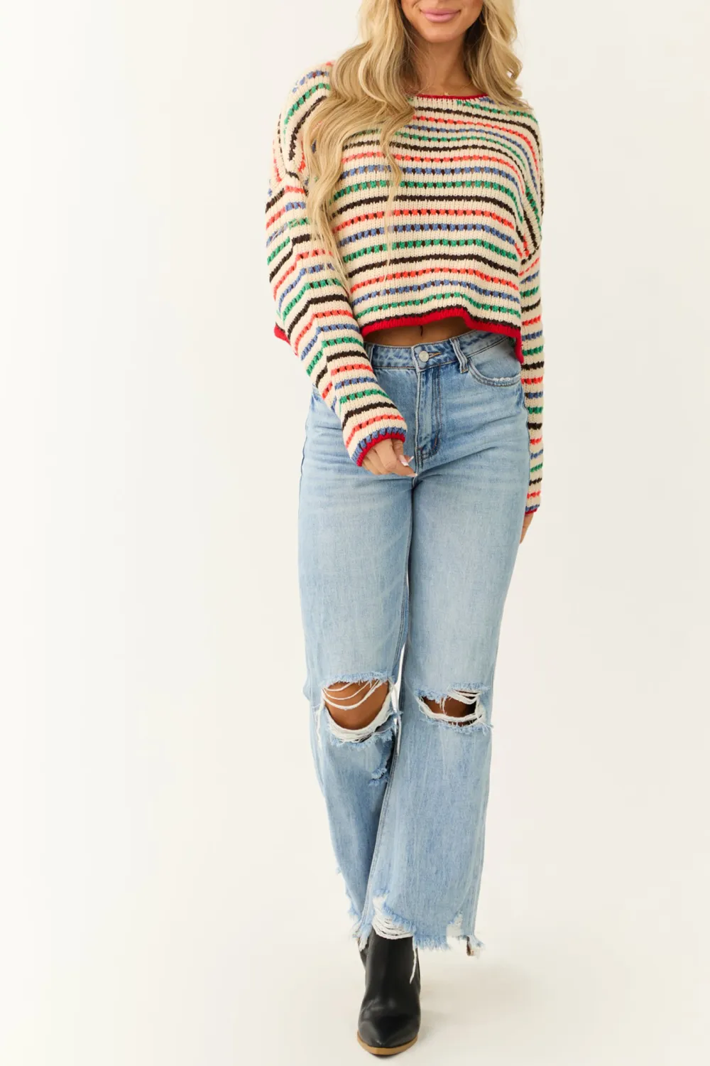 Cream Multicolor Striped Open Crochet Sweater