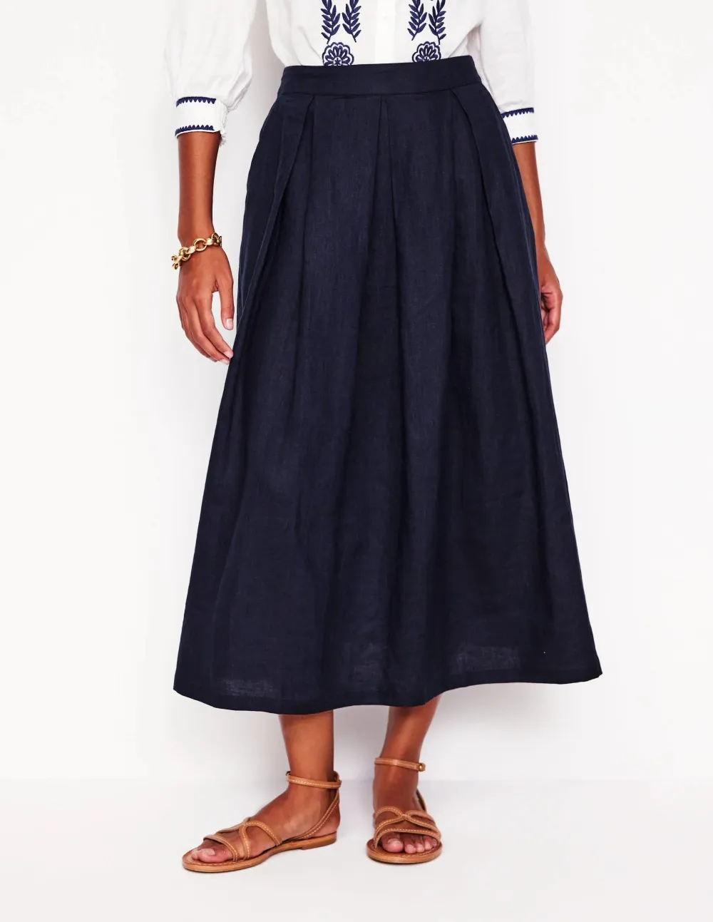 Navy Blue Verity Linen Midi Skirt