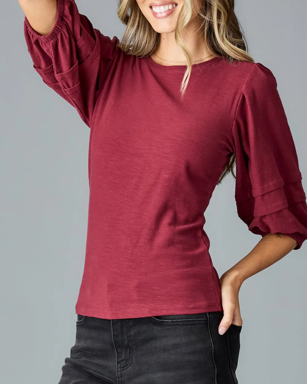 Wine Red Ruffled Three Quarter Sleeves Blouse