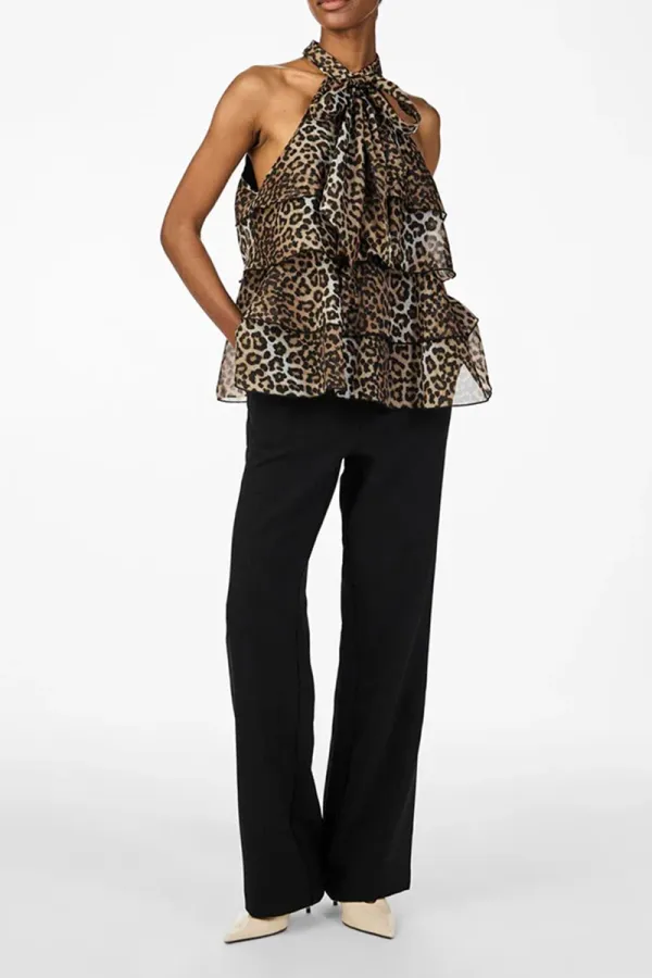 Leopard Tie Neck Tiered Halter Tops