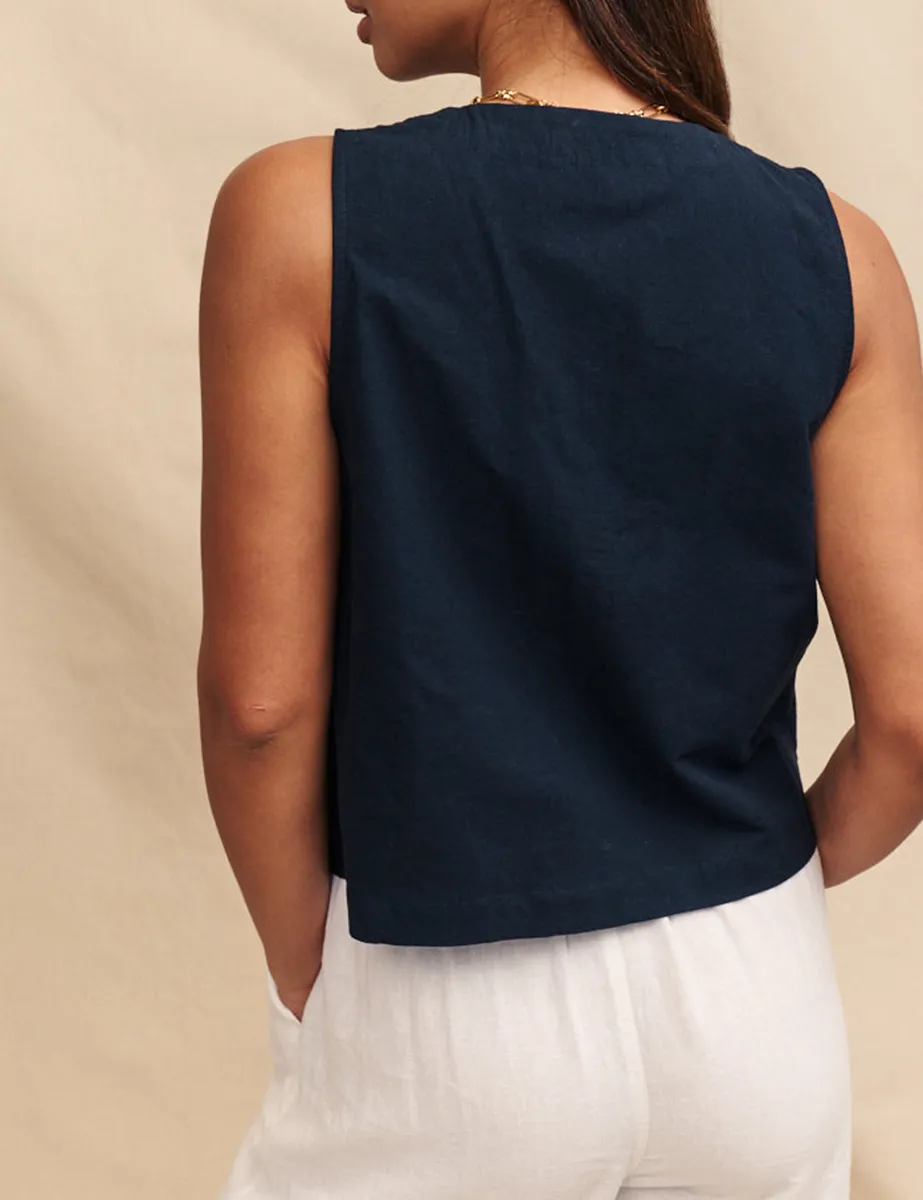 Black Linen-Blend Tie Front Top