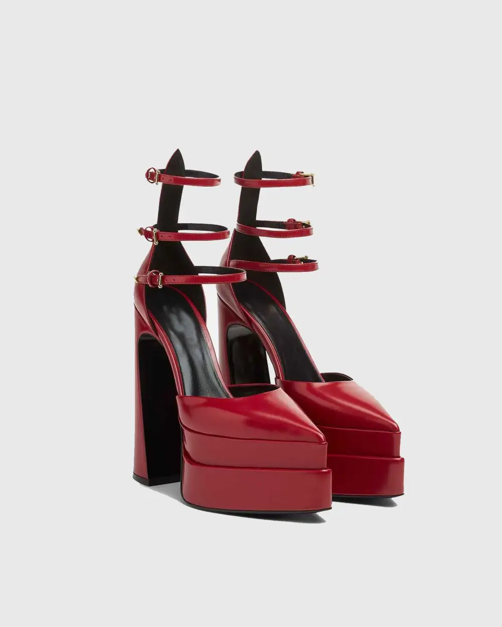 Leather Ankle Strap Platform Heels in Red