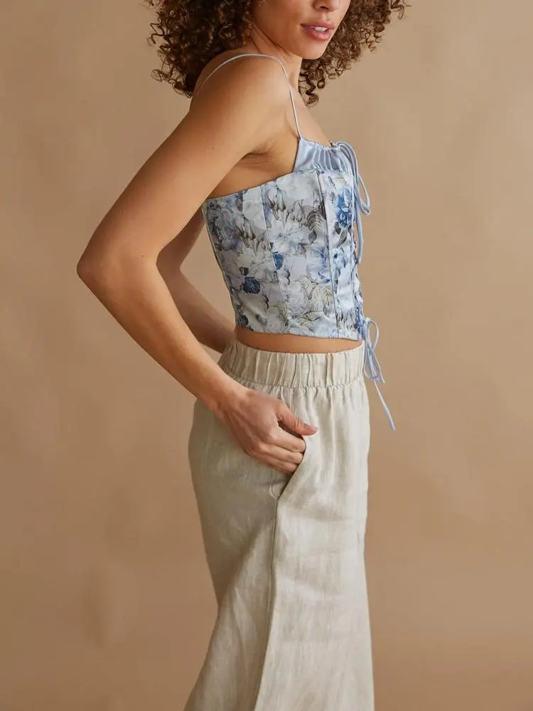 Delphine Lace Up Floral Satin Corset Top