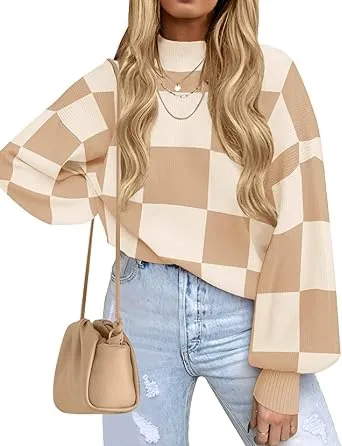 🎁Christmas Gifts🎁Fall Essential Warm Turtleneck Sweater - Plaid Ribbed Knit Loose Long Sleeve Pullover