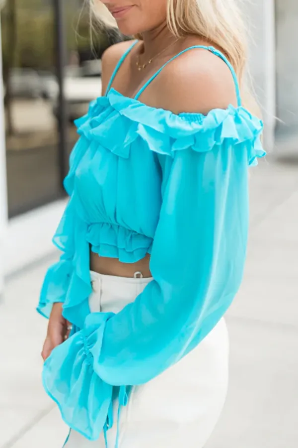 Aqua Ruffle Trim Blouse