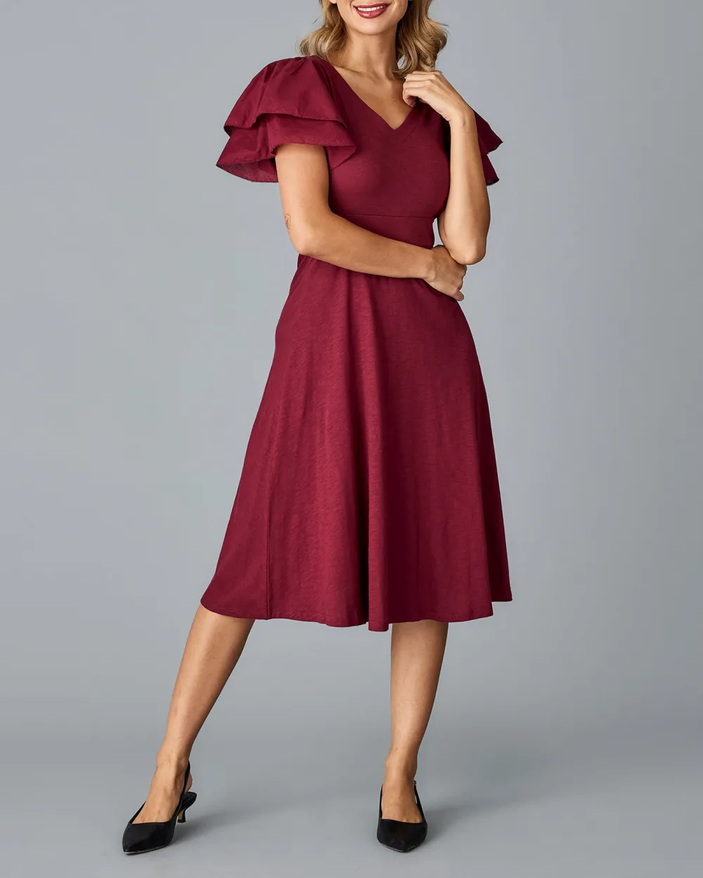 V Neck Flutter Sleeves Midi Dress